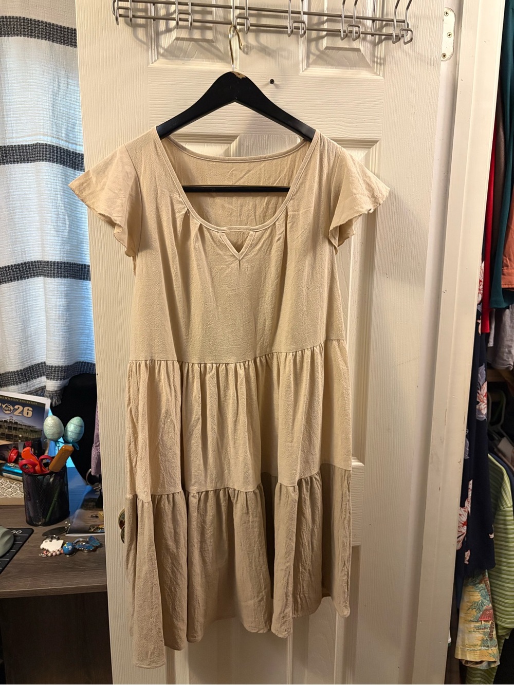 Casual Tiered Short-Sleeve Dress in Beige with ruffle sleeves.